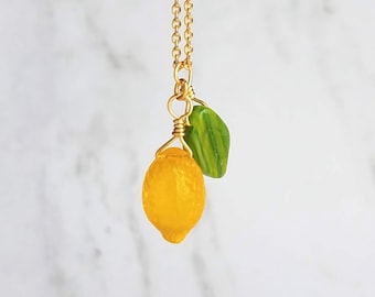 Lemon Necklace, yellow lemon pendant, citrus fruit necklace, green leaf, when life gives you lemons make lemonade, gold chain summer jewelry
