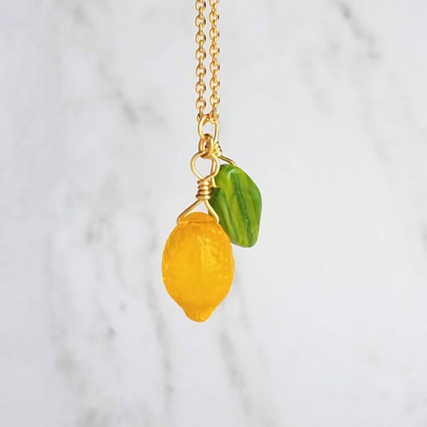 Lemon Necklace, yellow lemon pendant, citrus fruit necklace, green leaf, when life gives you lemons make lemonade, gold chain summer jewelry