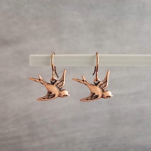 Copper Flying Bird Earrings, small copper birds, antique copper earring, little bird dangles, two sparrow earrings, birdwatcher gift for her