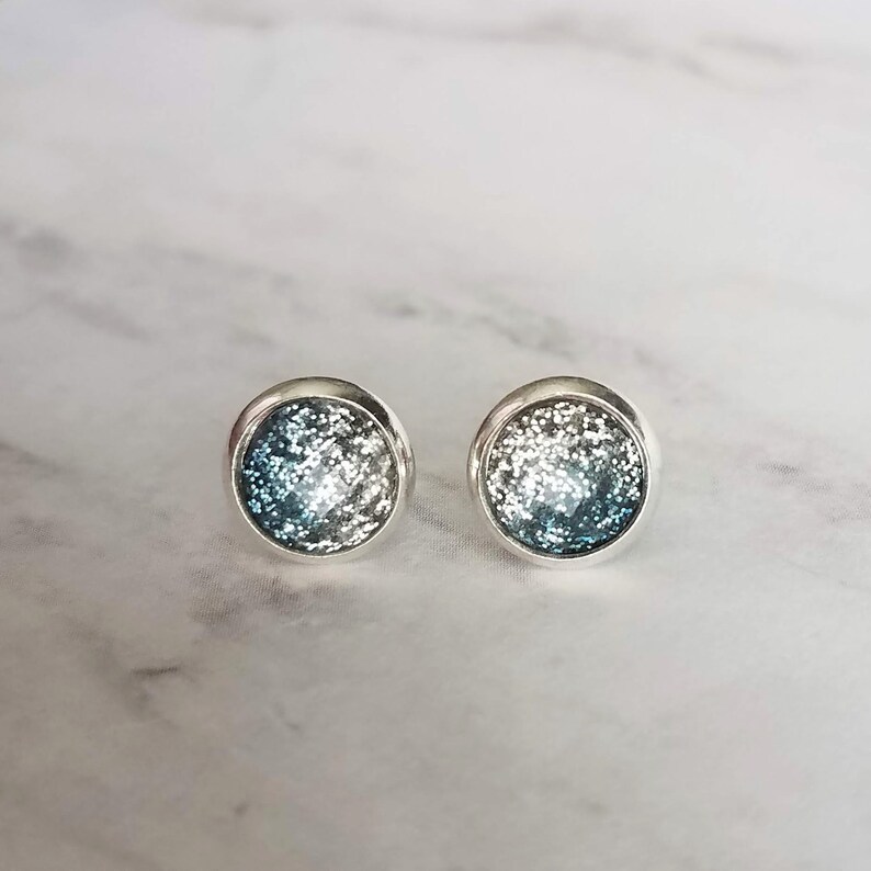 Blue Stud Earrings glitter ombre silver to blue gradient facet cut in little round silver bezel small simple sparkling everyday jewelry image 5