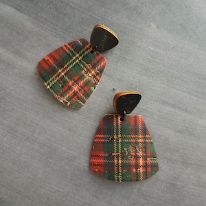 Red Tartan Plaid Earrings, wood earrings, hypoallergenic stainless steel earrings, large dangle earrings, Christmas Xmas earrings, winter