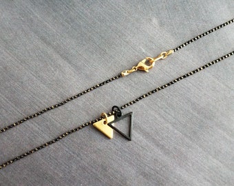 Small Triangle Necklace, black gold necklace, double layer pendant, double triangle necklace, triangle outline necklace, black ball chain