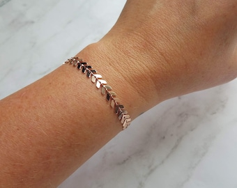 Herringbone Bracelet, rose gold v bracelet, rose gold arrow, rose gold bracelet, pink gold bracelet, delicate rose gold bracelet, fish bone