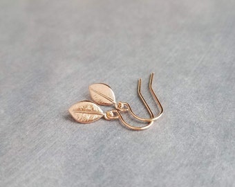 Rose Gold Leaf Earrings, tiny leaf earrings, small leaf dangle earrings, dainty rose gold earrings, petite rose gold earrings, small leaves