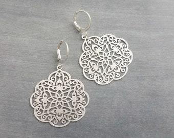 Silver Medallion Earrings, Morrocan earring, silver lacy earring, silver filigree earring, floral earring, cut out design, snap huggie hoop