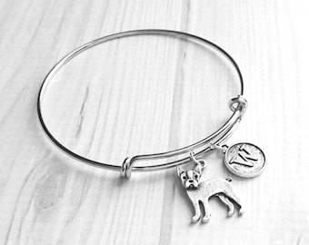 Boston Terrier Bracelet - silver bangle adjustable double loop pet dog charm - personalized letter initial monogram - American Gentleman