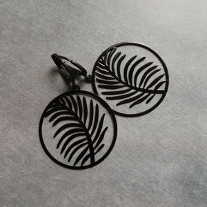 Black Leaf Earring, black earring, lever back earring, black huggie hoop, black palm leaves, round black earring, black silhouette, tropical