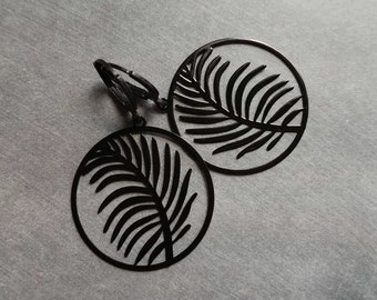 Black Leaf Earring, black earring, lever back earring, black huggie hoop, black palm leaves, round black earring, black silhouette, tropical