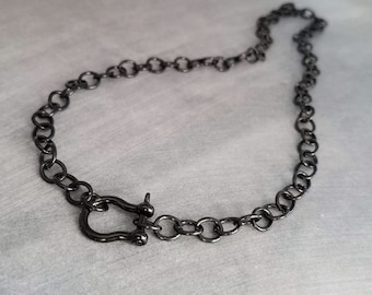 Chunky Black Chain, front clasp necklace, large link chain, horseshoe clasp necklace, screw clasp chain, big round link chain, shiny black