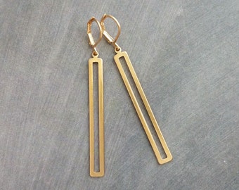 Long Narrow Rectangle Earrings, simple flat gold bar earring, gold open rectangle outline, snap close lever back ear hook, thin lines light