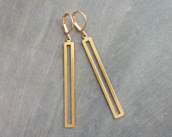 Long Narrow Rectangle Earrings, Simple Flat Gold Bar Earring, Gold Open ...
