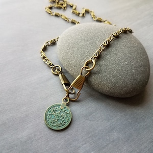 Bronze Medallion Coin Necklace, turquoise verdigris patina ancient charm pendant, bronze paperclip antique brass twisted chain, front clasp