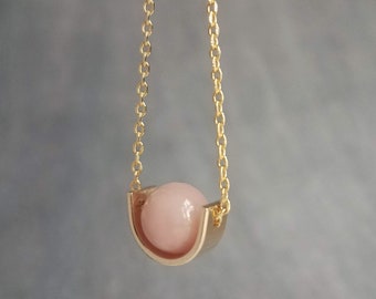 Gold Pink Stone Necklace, eclipse necklace, pink Peruvian opal necklace, gold semicircle, half circle, pale pink opal gemstone, anti anxiety