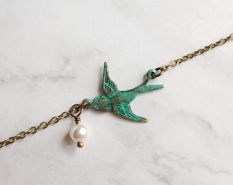 Little Bird Necklace, verdigris patina, antique brass chain, bronze necklace, blue green patina, flying bird necklace, pearl necklace, small