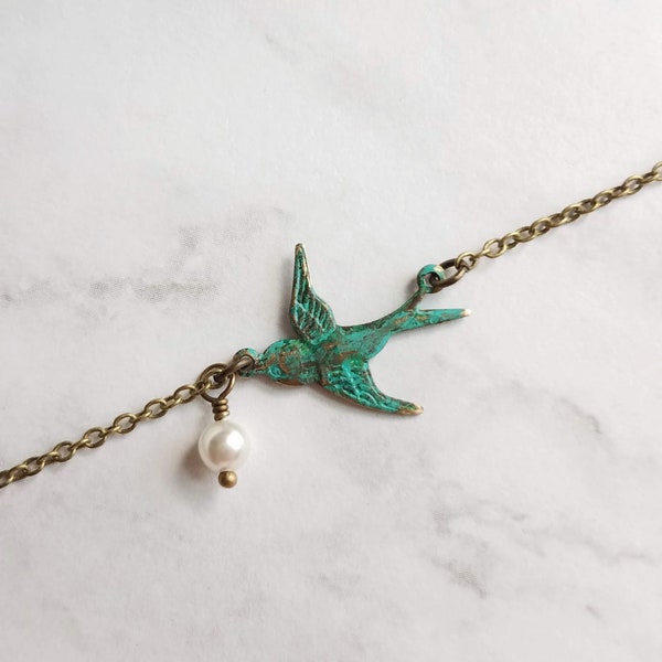 Little Bird Necklace, verdigris patina, antique brass chain, bronze necklace, blue green patina, flying bird necklace, pearl necklace, small