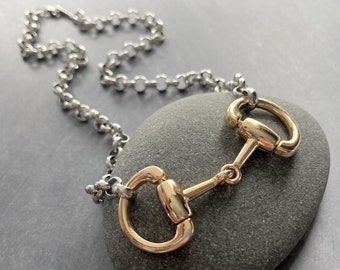 Silver Chain Gold Snaffle Bit Necklace, chunky silver stainless steel chain, equestrian horse necklace D ring thick O link chain mixed metal