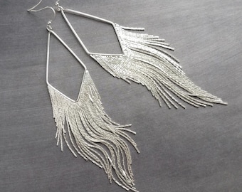 Silver Chain Earrings, long chain fringe, snake chain, chain tassel, v shape chandelier, silver chain earring, long chain tassel, bold 6"