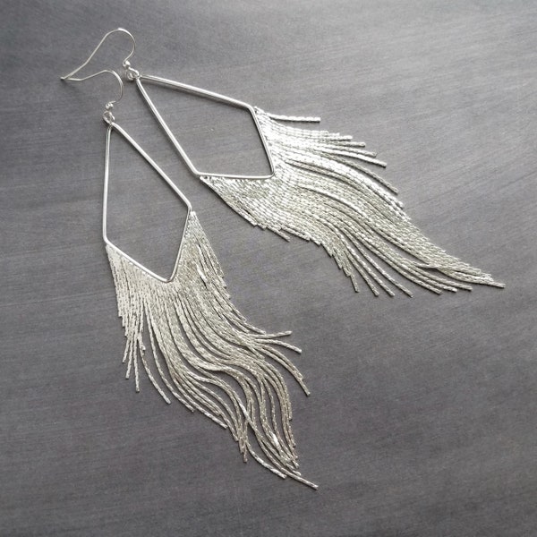 Silver Chain Earrings, long chain fringe, snake chain, chain tassel, v shape chandelier, silver chain earring, long chain tassel, bold 6"