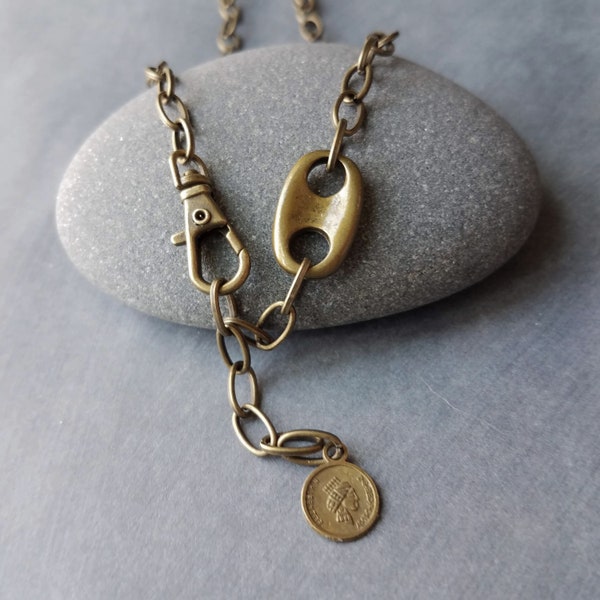 Antique Brass Mariner Link Chain, front clasp clip necklace, coin dangle charm, bronze oval paperclip chain, bronze lariat chain, modern