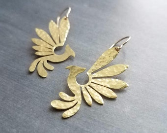 Gold Phoenix Earrings, hammered brass, textured bird earrings, mythical creature jewelry, large lightweight birds, rising birds, curved bird