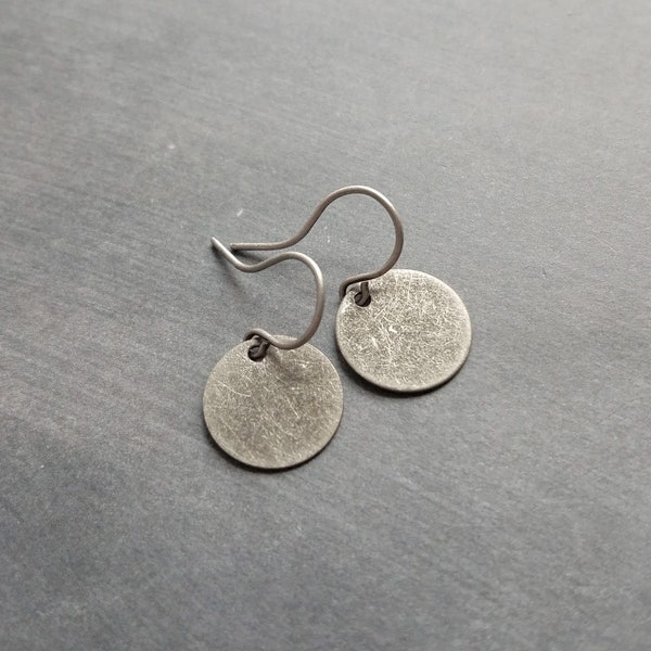 Antique Silver Disk Earrings, small silver dangles, pewter disk earrings, rustic silver earrings, silver circle earrings, round silver coin