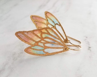 Wing Earrings, 14K SOLID or gold fill hook, 2 inch earring, rainbow butterfly earring, angel earring, stained glass fabric, long large wing