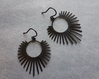 Black Spiky Earrings, sunrise earrings, sunset earrings, black dangle earrings, long points earring, all black earring, matt black hooks