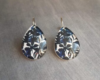 Large Navy Blue Earrings, tropical earring, tropical leaves, hypoallergenic lever back, stainless steel earring, blue leaf, silver tear drop