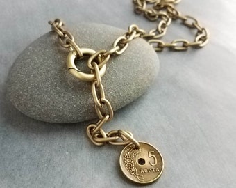 Antique Bronze Chunky Chain Necklace, replica coin charm pendant, brass link necklace, thick lightweight chain, big round front clasp clip