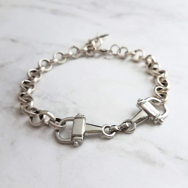 Silver Snaffle Bit Horse Bracelet, chunky antique silver chain, equestrian bracelet, silver horse bracelet, snaffle bracelet, D ring, thick