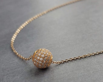 Gold Pave Ball Necklace, round crystal slider, thin gold chain, diamond ball, crystal ball bead, tiny faux diamond, 8mm cubic zirconia cz