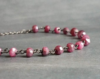 Pink Stone Bracelet, tiny purple stone bracelet, fuchsia stone bracelet, ruby moonstone gemstone bracelet, gunmetal chain, small stone chain
