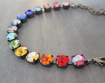 Happiness Bracelet, rainbow colors bracelet, large crystal bracelet, gunmetal chain, ROYGBIV crystal, chunky chain, happy cheer gift girls