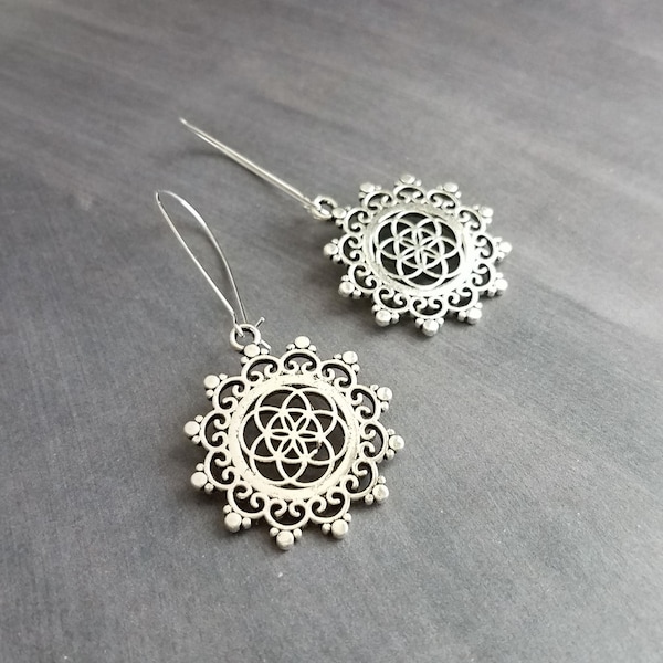 Silver Medallion Earrings, mandala earring, doily earring, lace earring, lacy earring, filigree earring, floral medallion, Boho earring