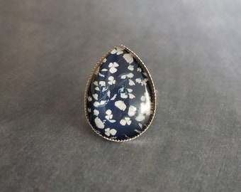Navy Blue Flower Ring, blue floral print ring, blue white flower ring, white floral ring, teardrop ring, large silver ring, stainless steel