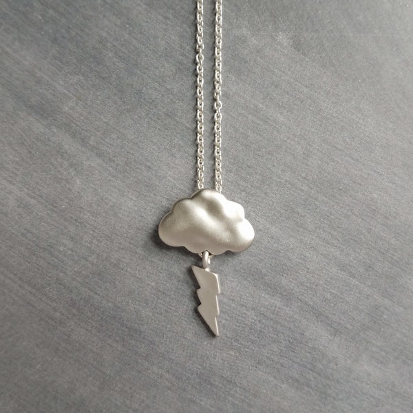 Thunder Storm Necklace, silver cloud necklace, matte silver, lightning bolt necklace, lightning charm, weather necklace, storm cloud pendant