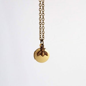May include: A brass-coloured necklace with a round locket pendant. The pendant features a raised bee design. The necklace chain and pendant have a vintage aesthetic. The locket is closed and hangs from a delicate chain.