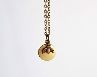 Bumblebee Locket Necklace, tiny brass locket, miniature pendant, gold locket, bee locket, aged bronze bee, small bee charm, fine thin chain