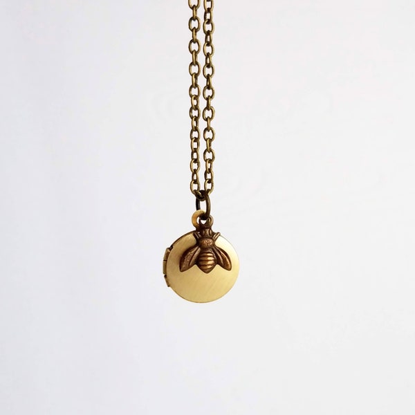 Bumblebee Locket Necklace, tiny brass locket, miniature pendant, gold locket, bee locket, aged bronze bee, small bee charm, fine thin chain