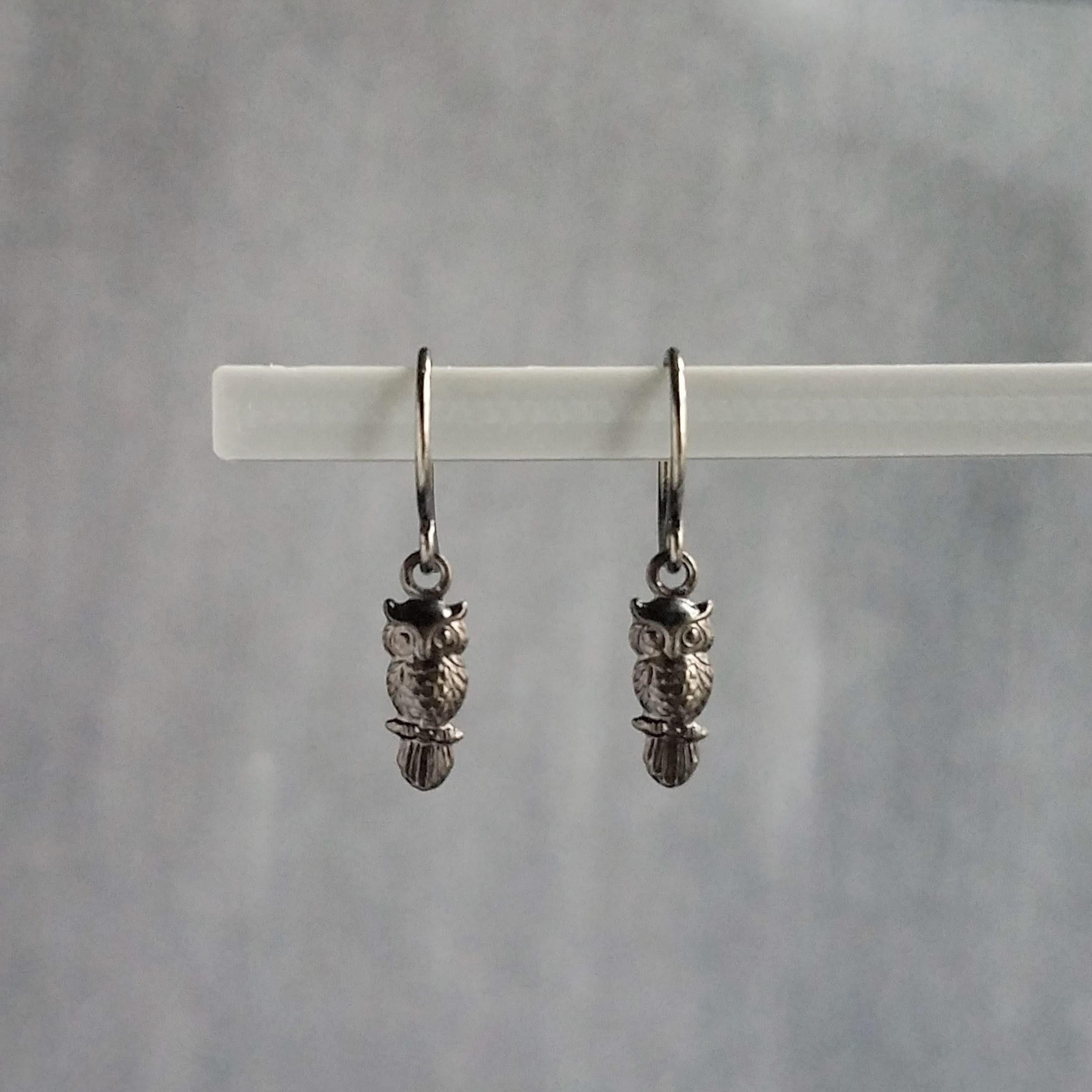 Tiny Owl Earrings, small owls earring, black owl earrings, gunmetal owl earring, little owl dangle,