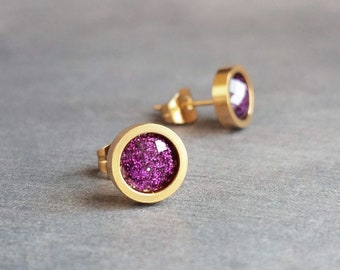 Purple Rose Gold Stud Earrings, purple fuchsia stud earring, purple earrings, little rose gold earring, purple stud, glitter stainless steel