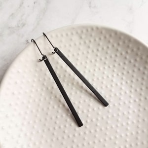 Black Bar Earrings, 3 inch long black bar earring, black stick earring, black line earring, thin earring matte black earring flat rectangle