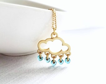 Rain Cloud Necklace, silver cloud necklace, cloud outline, cloud pendant, raindrop dangles, blue raindrops rainy weather storm rain necklace