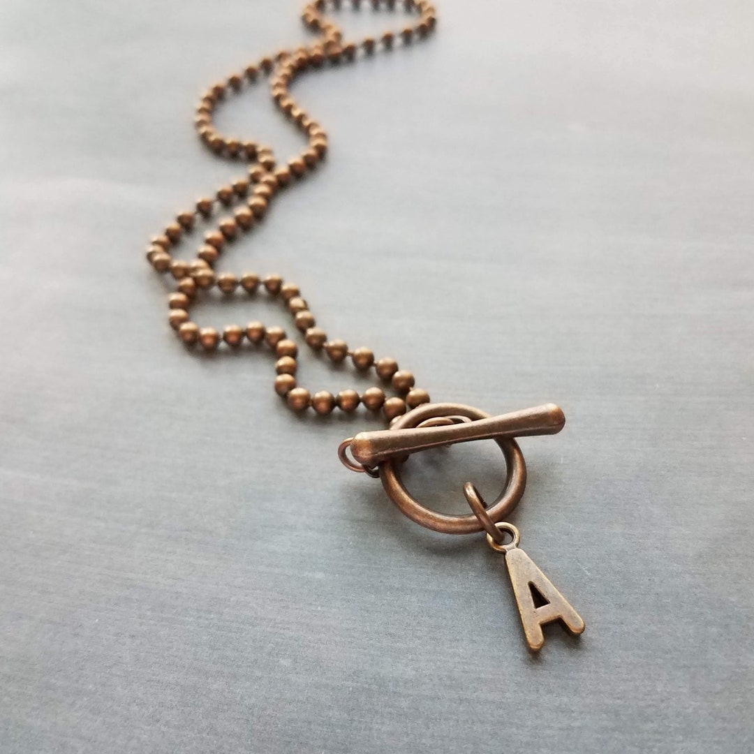 Antique Copper Ball Chain Necklace, Copper Letter Pendant, Front Toggle ...