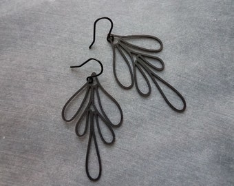 Matte Black Leaf Earrings, outline earrings, line drawing earrings, long light black dangle, all black earring, matt black hooks, teen gift