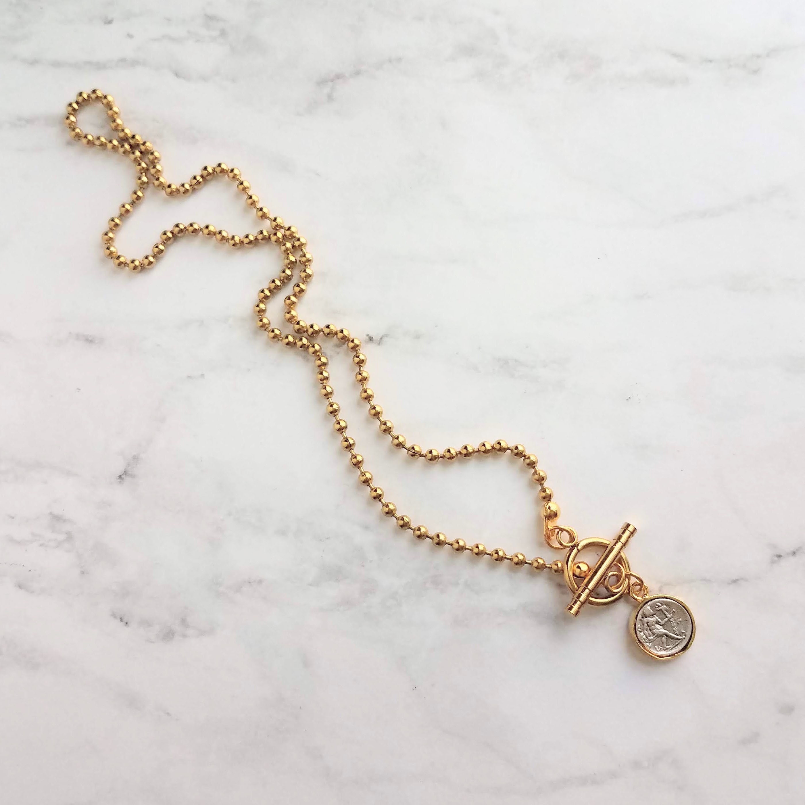 Large Gold Ball Chain Necklace front toggle clasp necklace Etsy