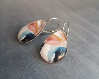 Pastel Color Earrings, large dangle earring, teardrop earring, hypoallergenic stainless steel lever back, 80s earring pink blue paint splash