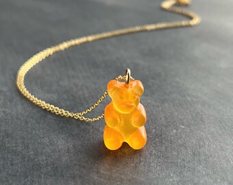 Translucent Orange Gummy Bear Necklace, orange candy bear charm, gold chain, small little orange bear pendant, light orange, see through