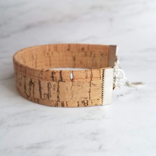 Cork Bracelet, silver adjustable chain, wide cuff bracelet, wide wood bracelet, flat cork bracelet, light brown wood bark wrap bracelet