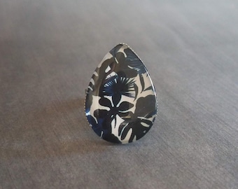 Navy Blue Tropical Ring, blue leaves, glass tear drop, hypoallergenic stainless steel ring, statement adjustable, blue floral print, flowers